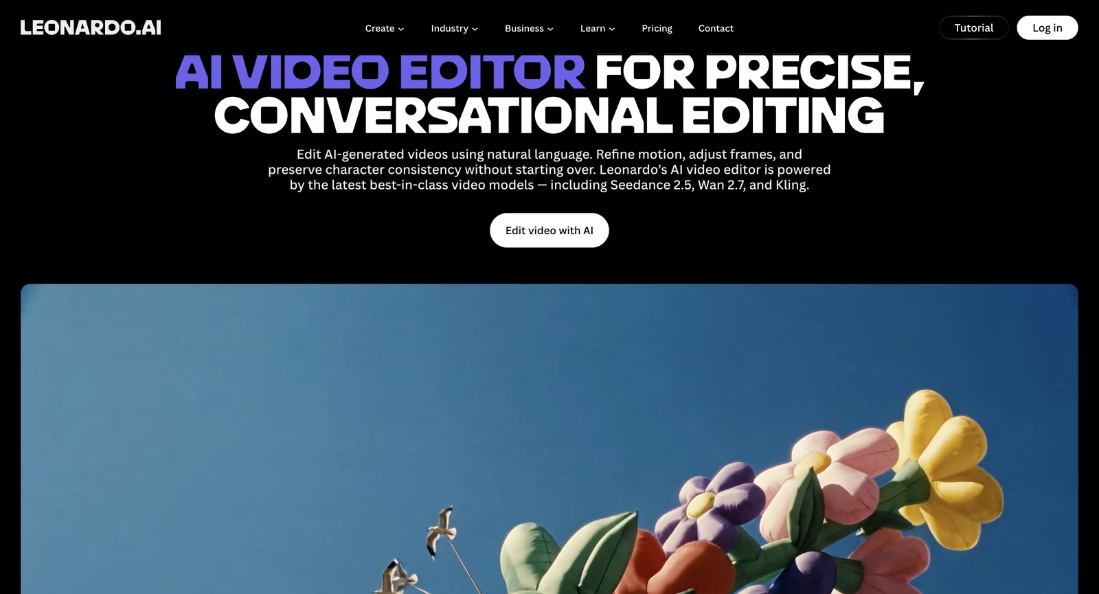 Videoeditor-Seite von Leonardo AI ohne Anmeldung: KI-Videoeditor für präzise, dialogbasierte Bearbeitung, angetrieben von Seedance 2.5, Wan 2.7 und Kling
