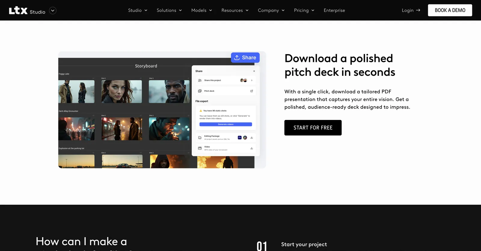 LTX Studio Pitch Deck Generator 页面（未登录）：故事板旁的 Share 面板，可导出提案文档、剪辑素材包或视频