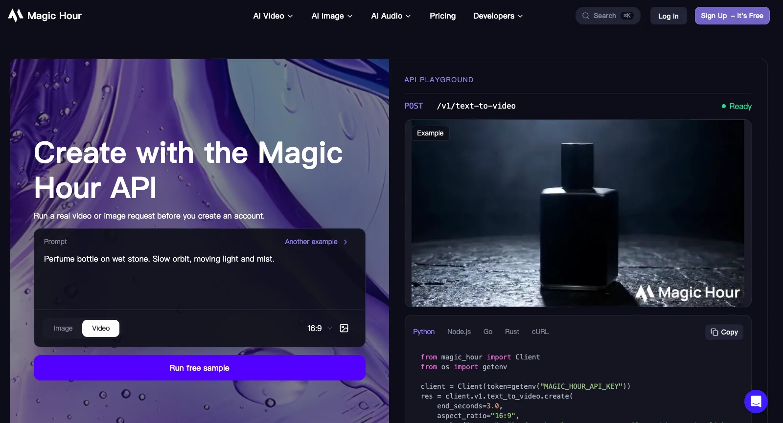API-Seite von Magic Hour, abgemeldet: Create with the Magic Hour API, ein Prompt-Feld mit Run free sample und ein API-Playground für POST /v1/text-to-video mit den Tabs Python, Node.js, Go, Rust und cURL