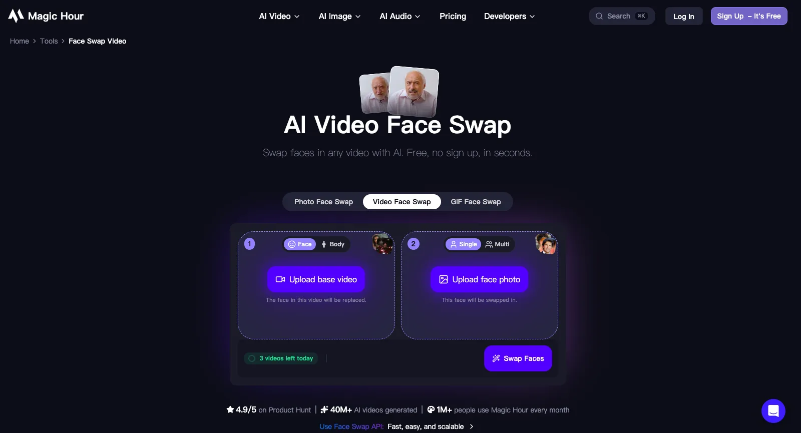 AI Video Face Swap von Magic Hour, abgemeldet: die Tabs Photo, Video und GIF Face Swap, Upload base video und Upload face photo sowie 3 videos left today