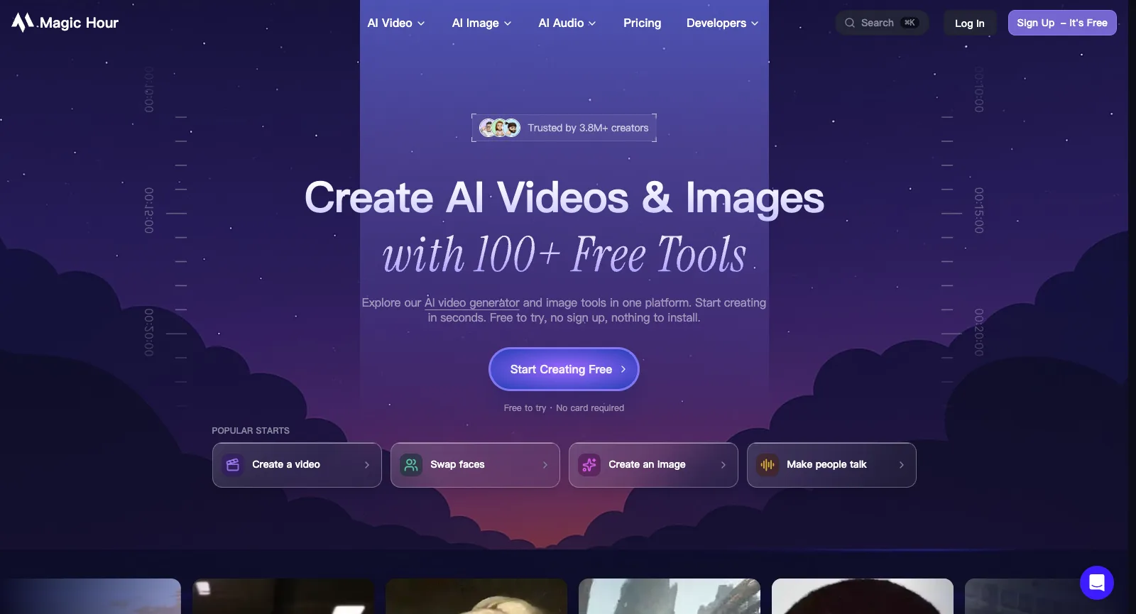 Startseite von Magic Hour, abgemeldet: Create AI Videos & Images with 100+ Free Tools, trusted by 3.8M+ creators, mit Create a video, Swap faces, Create an image und Make people talk