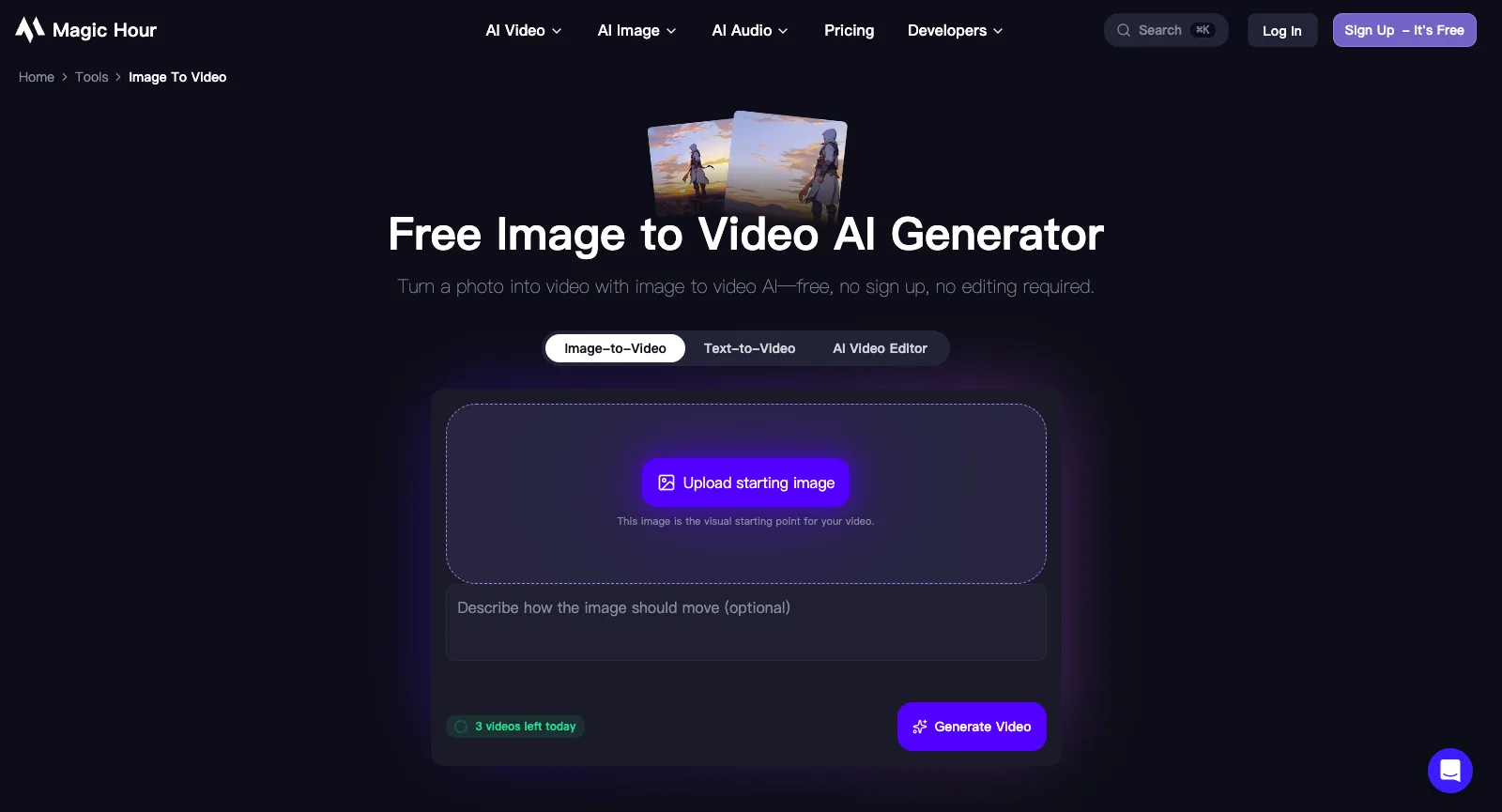Free Image to Video AI Generator von Magic Hour, abgemeldet: Upload starting image, ein Feld für den Bewegungs-Prompt und ein Zähler mit 3 videos left today