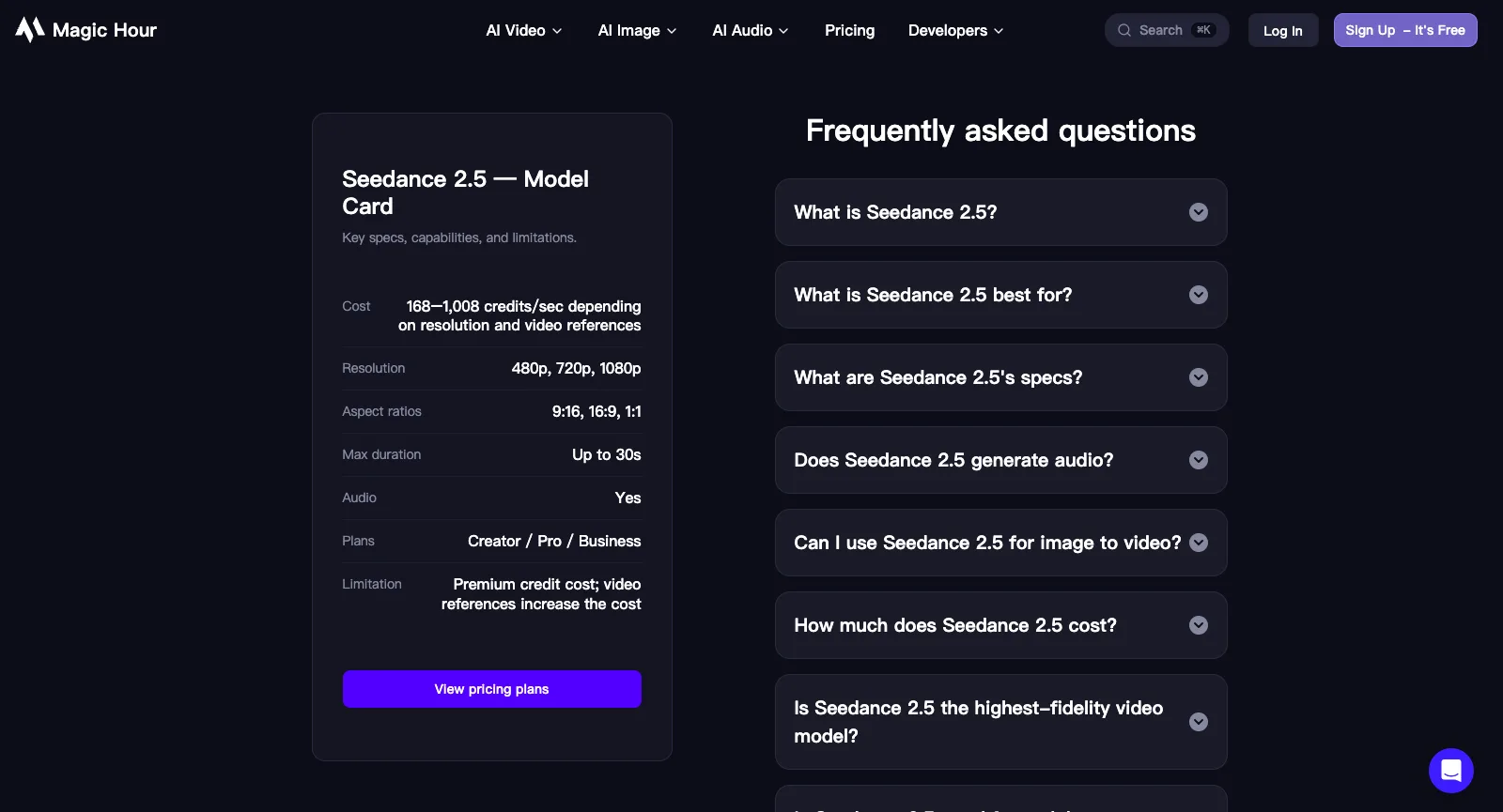 Seedance-2.5-Seite von Magic Hour, abgemeldet: die Modellkarte mit Kosten von 168–1.008 Credits pro Sekunde, 480p, 720p und 1080p, bis zu 30 Sekunden, Audio sowie den Plänen Creator, Pro und Business