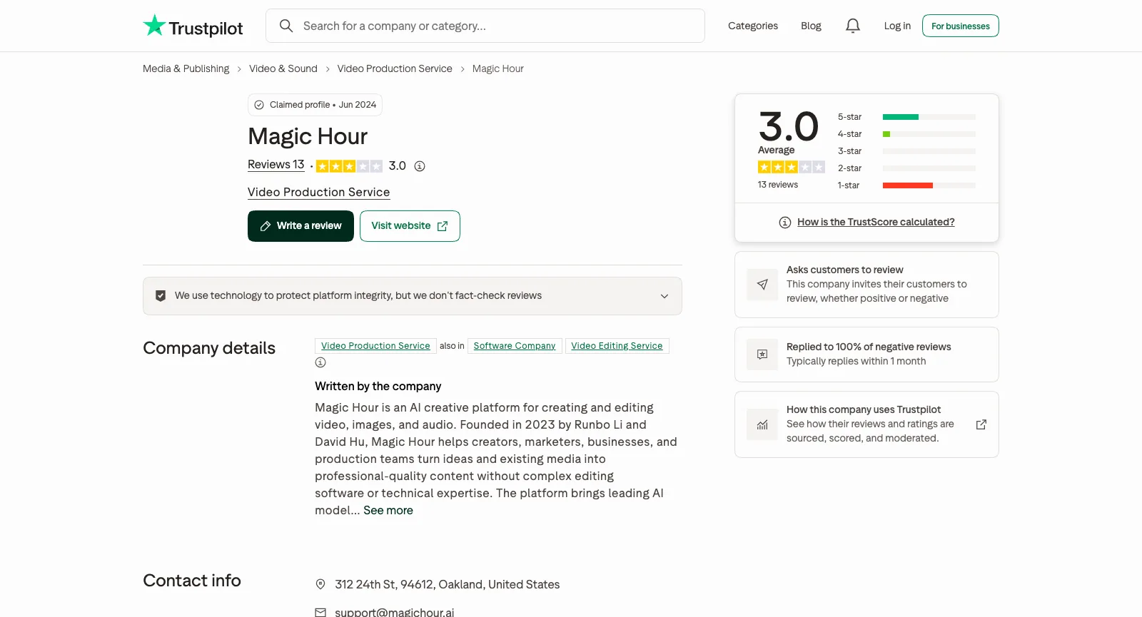 Magic Hour auf Trustpilot, abgemeldet: Durchschnitt 3,0 aus 13 Bewertungen, beanspruchtes Profil, bittet Kunden um Bewertungen, hat auf 100 % der negativen Bewertungen geantwortet