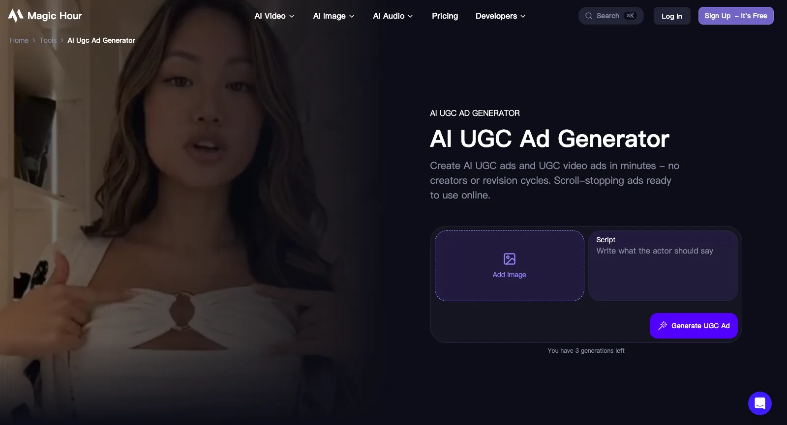AI UGC Ad Generator von Magic Hour, abgemeldet: ein Feld Add Image, ein Script-Feld für den Text des Darstellers, Generate UGC Ad und 3 generations left