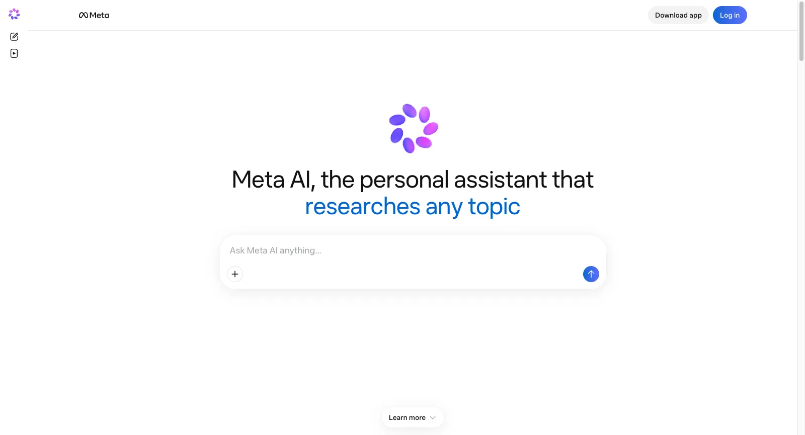 meta.ai（未登入）：Meta AI, the personal assistant that researches any topic，附 Ask Meta AI anything 輸入框、Download app 與 Log in
