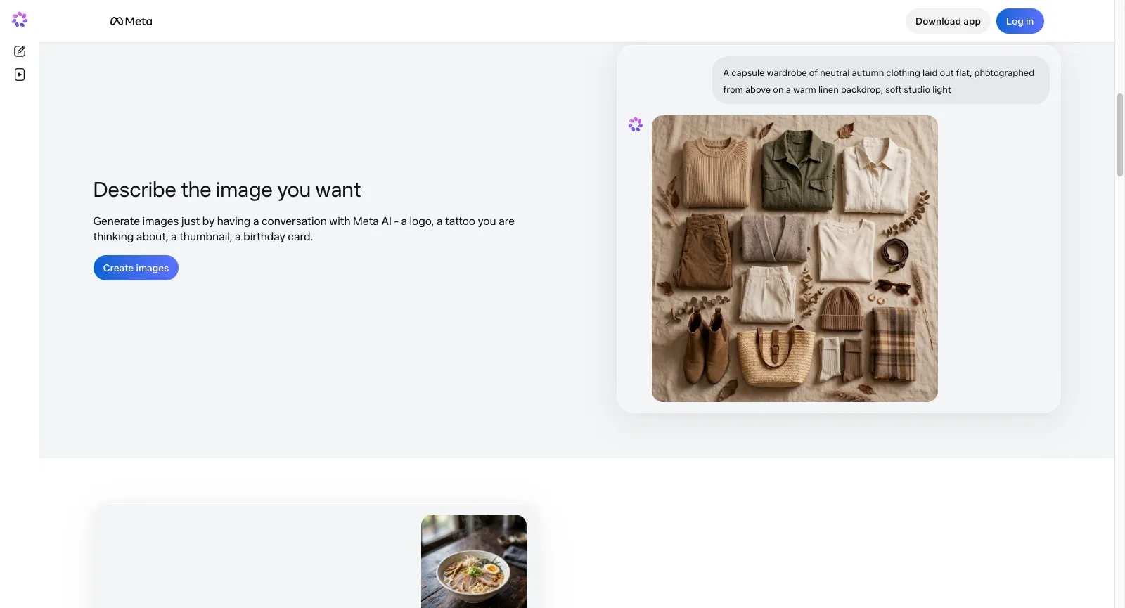 meta.ai（未登入）：Describe the image you want，Generate images just by having a conversation with Meta AI，附 Create images 按鈕與一張膠囊衣櫥範例圖