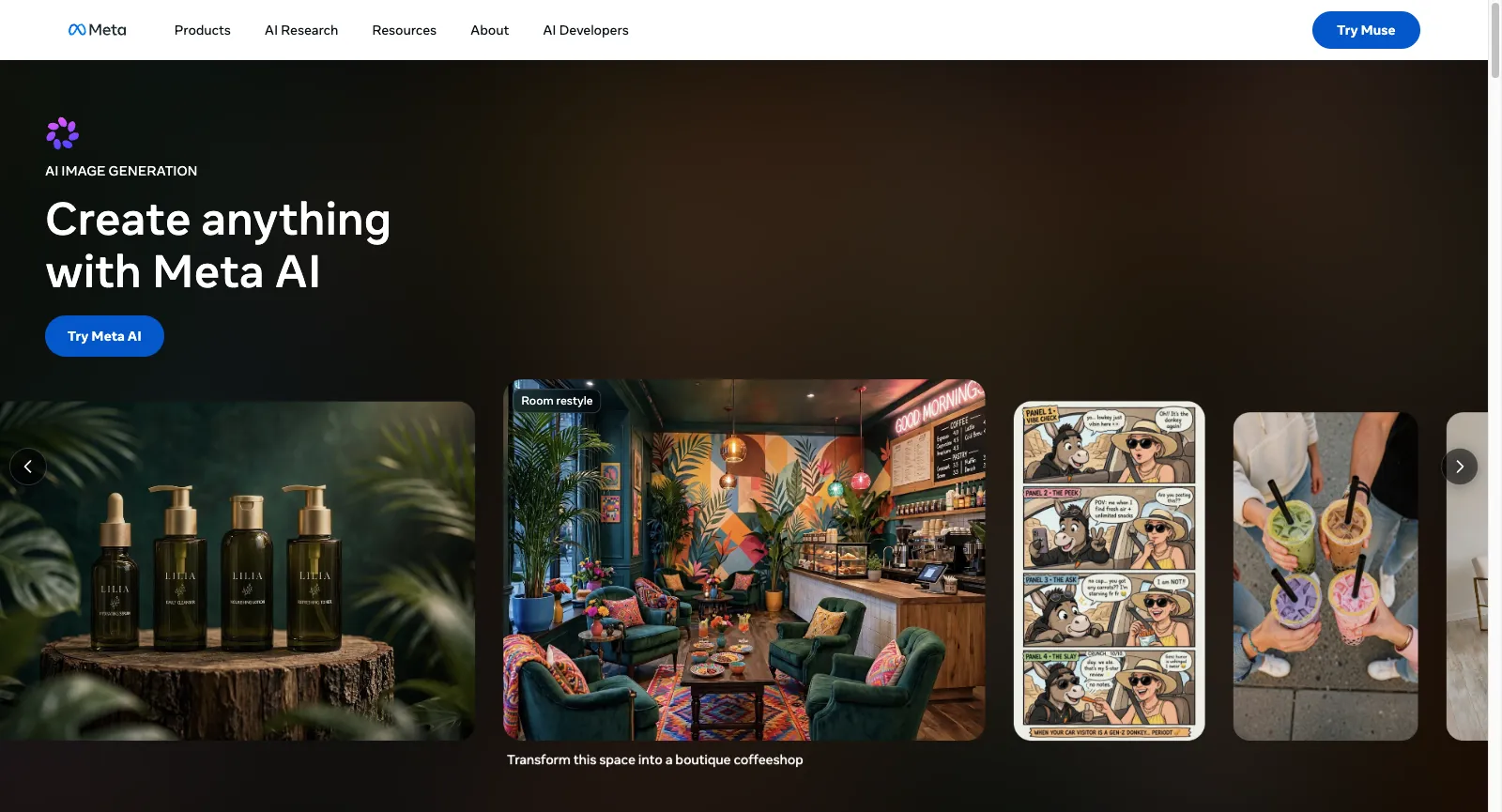 ai.meta.com 上的 Meta AI Media Generation 頁面（未登入）：AI IMAGE GENERATION，Create anything with Meta AI，附 Room restyle 範例 Transform this space into a boutique coffeeshop