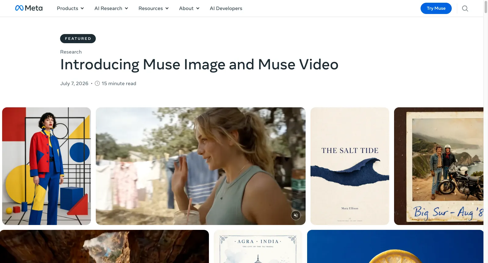 Meta AI 部落格文章 Introducing Muse Image and Muse Video，日期 2026 年 7 月 7 日，附範例圖片與一張影片截圖