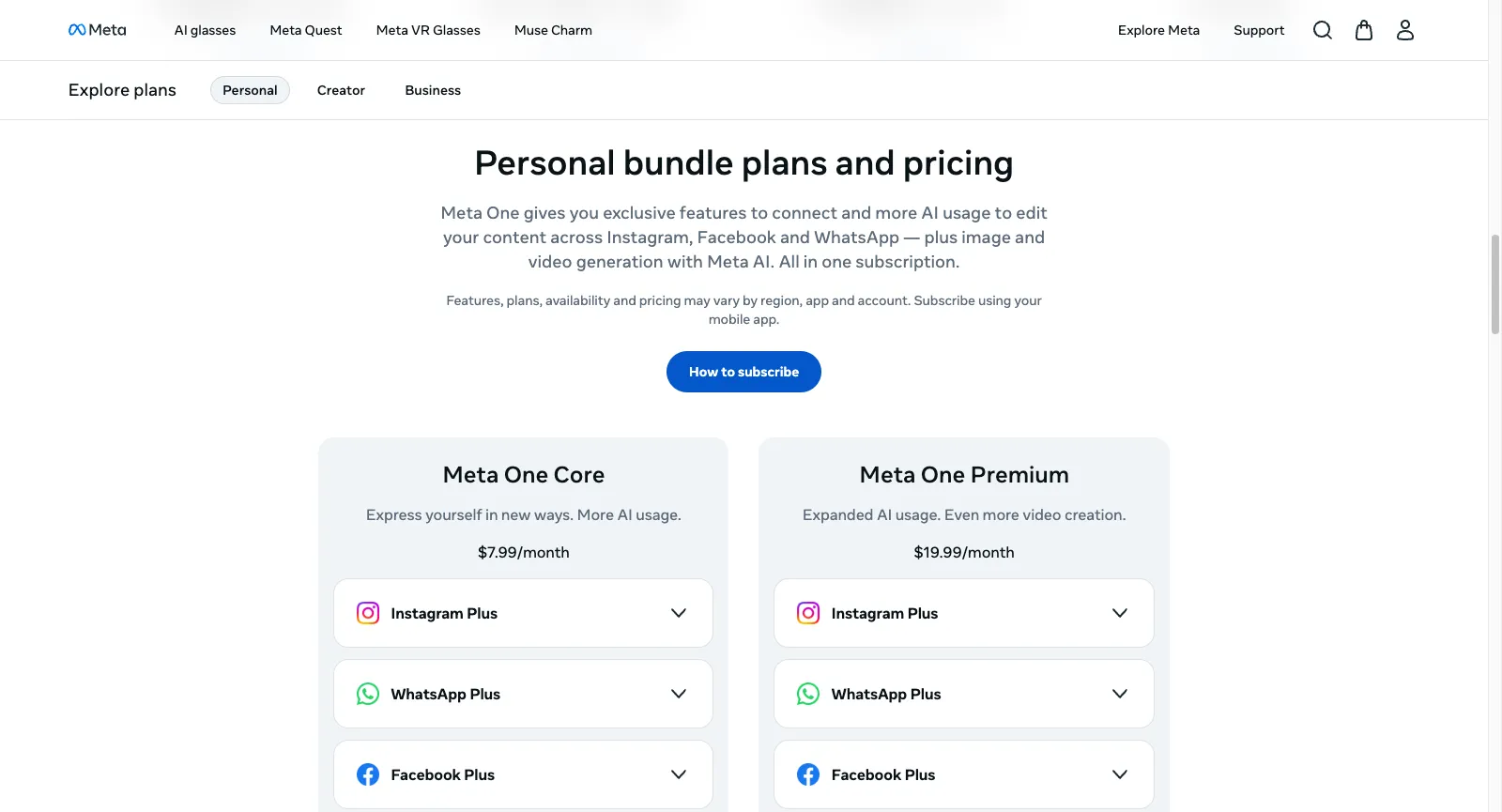 meta.com 上的 Meta One 方案頁，Personal bundle plans and pricing：Meta One Core 每月 $7.99，Meta One Premium 每月 $19.99，皆含 Instagram Plus、WhatsApp Plus 與 Facebook Plus