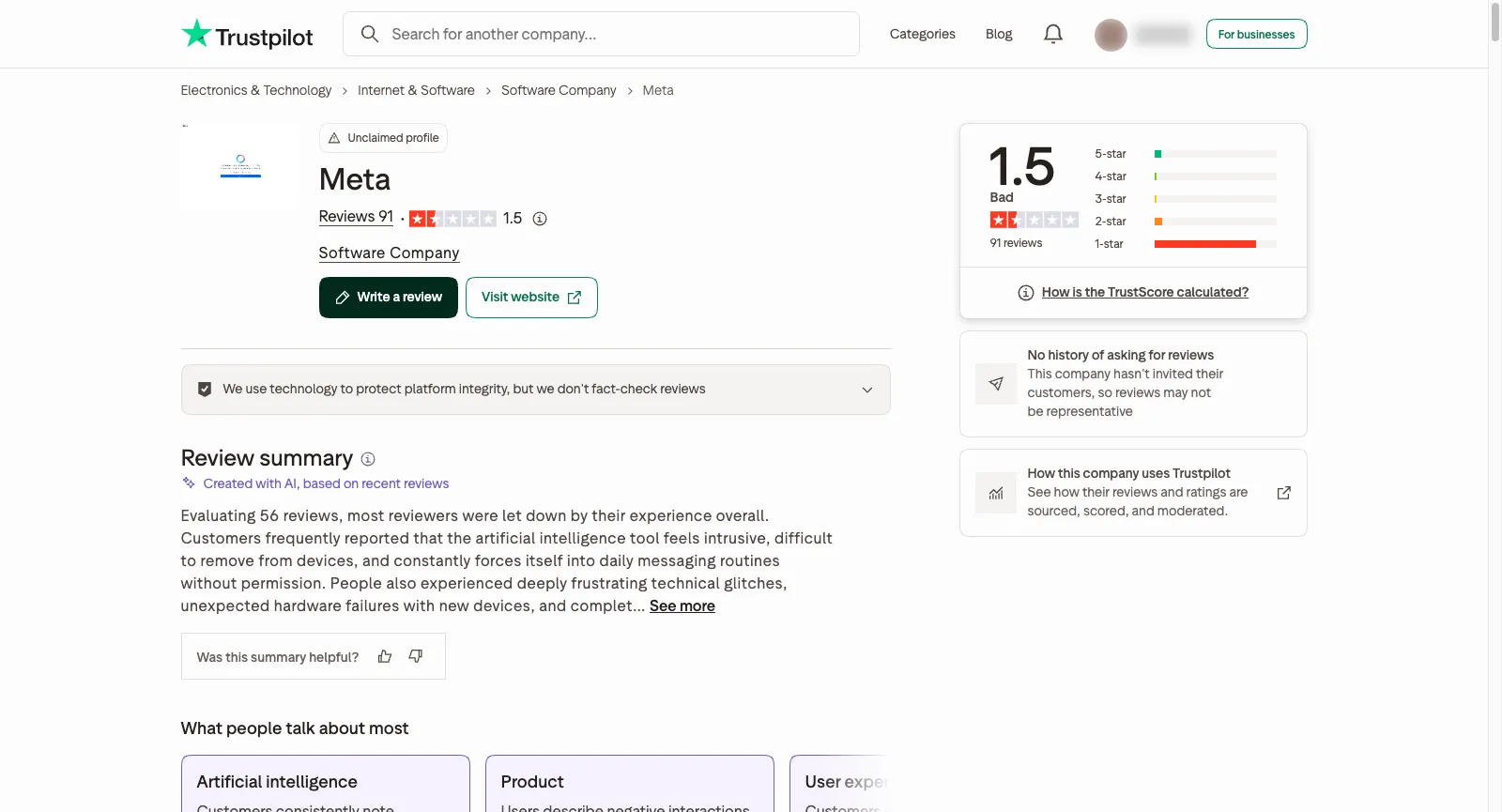 Meta（meta.ai）的 Trustpilot 頁面：頁面未認領，TrustScore 1.5（91 則評價），沒有邀請評價的紀錄