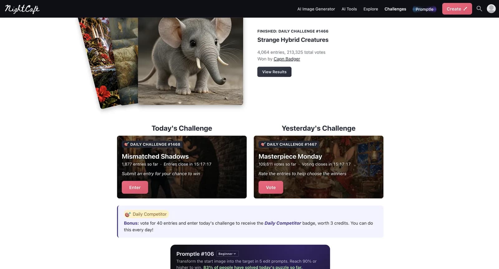 صفحة AI Art Challenges في NightCafe دون تسجيل الدخول: التحدي اليومي المنتهي بـ4,064 مشاركة، وتحدي اليوم للمشاركة، وتحدي الأمس للتصويت، ومكافأة Daily Competitor