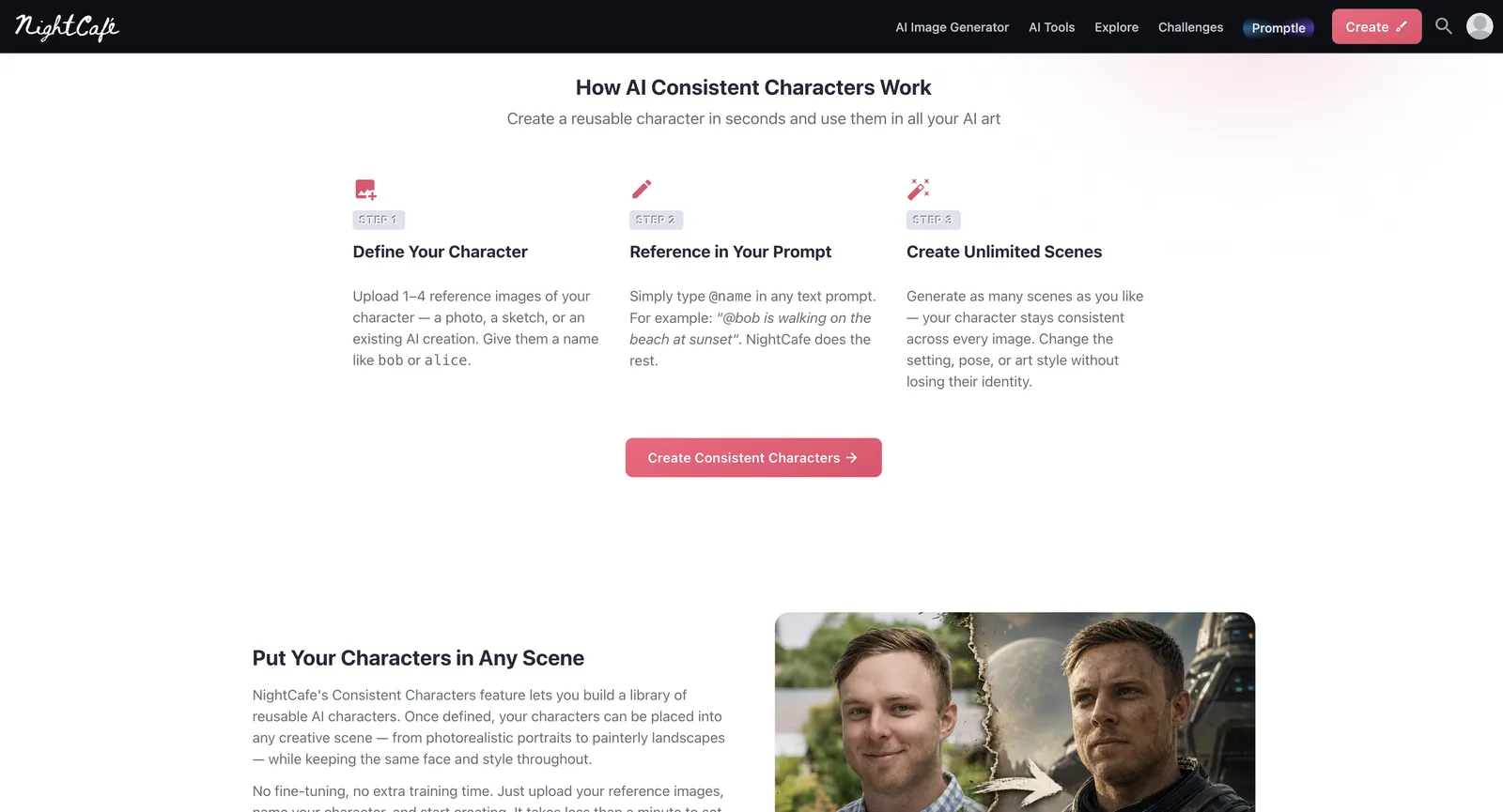 صفحة AI Consistent Characters في NightCafe دون تسجيل الدخول: طريقة العمل في ثلاث خطوات، عرّف شخصيتك، واذكرها في أمرك، وأنشئ مشاهد بلا حدود