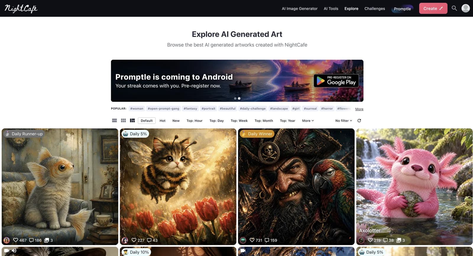 صفحة Explore في NightCafe دون تسجيل الدخول: خلاصة Explore AI Generated Art مع الوسوم الشائعة وخيارات الترتيب وأعمال المجتمع الموسومة Daily Winner وDaily Runner-up