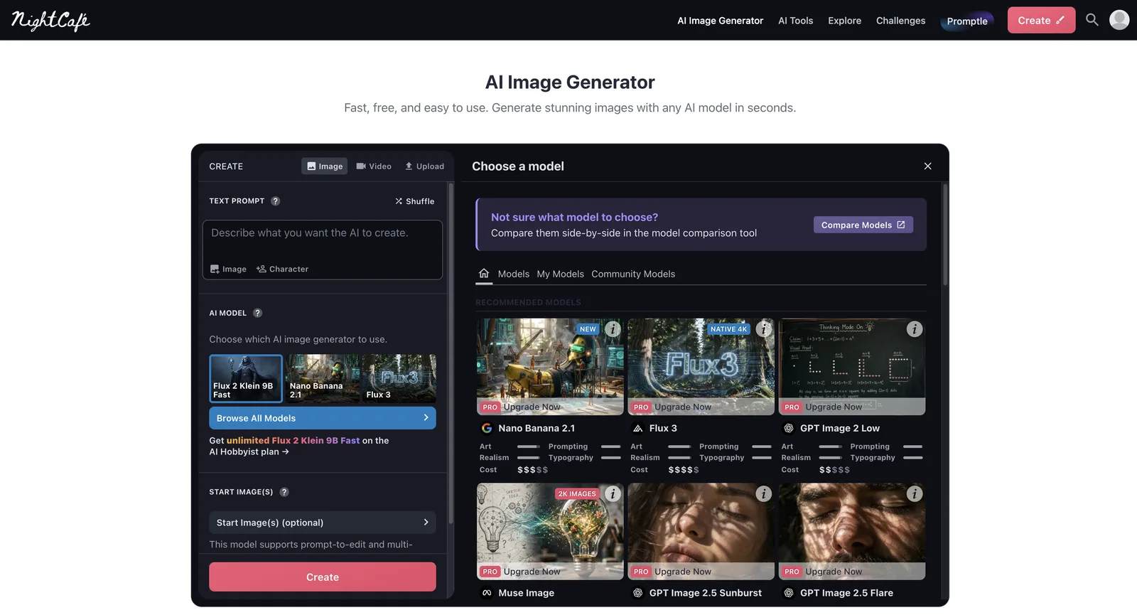 مولد الصور بالذكاء الاصطناعي في NightCafe دون تسجيل الدخول، مع فتح أداة Choose a model: Nano Banana 2.1 وFlux 3 (دقة 4K أصلية) وGPT Image 2 Low وMuse Image وGPT Image 2.5، بعلامة PRO