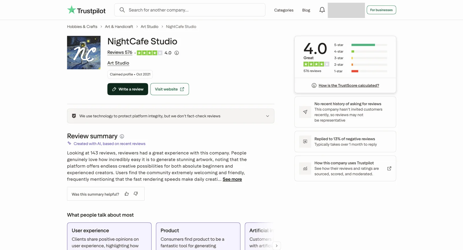 NightCafe Studio على Trustpilot: ملف مُطالَب به، وTrustScore 4.0 من 576 مراجعة، ولا سجل حديث لطلب مراجعات، وردود على 13% من المراجعات السلبية