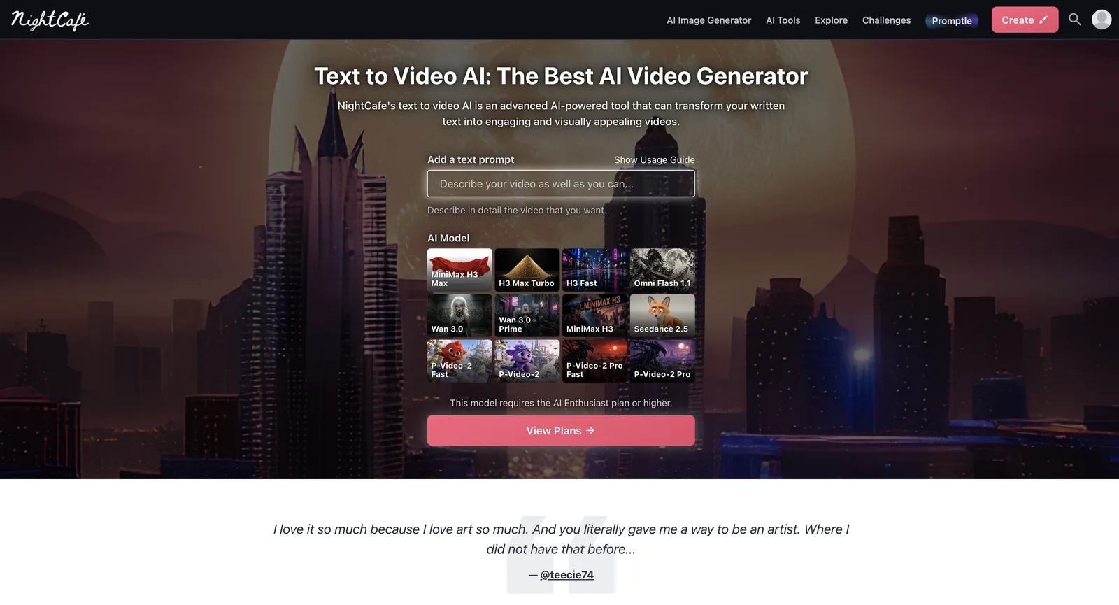 صفحة Text to Video AI في NightCafe دون تسجيل الدخول: أداة اختيار نماذج الفيديو مع MiniMax H3 وOmni Flash 1.1 وWan 3.0 وSeedance 2.5 وP-Video-2، وملاحظة بأن النموذج يتطلب خطة AI Enthusiast أو أعلى