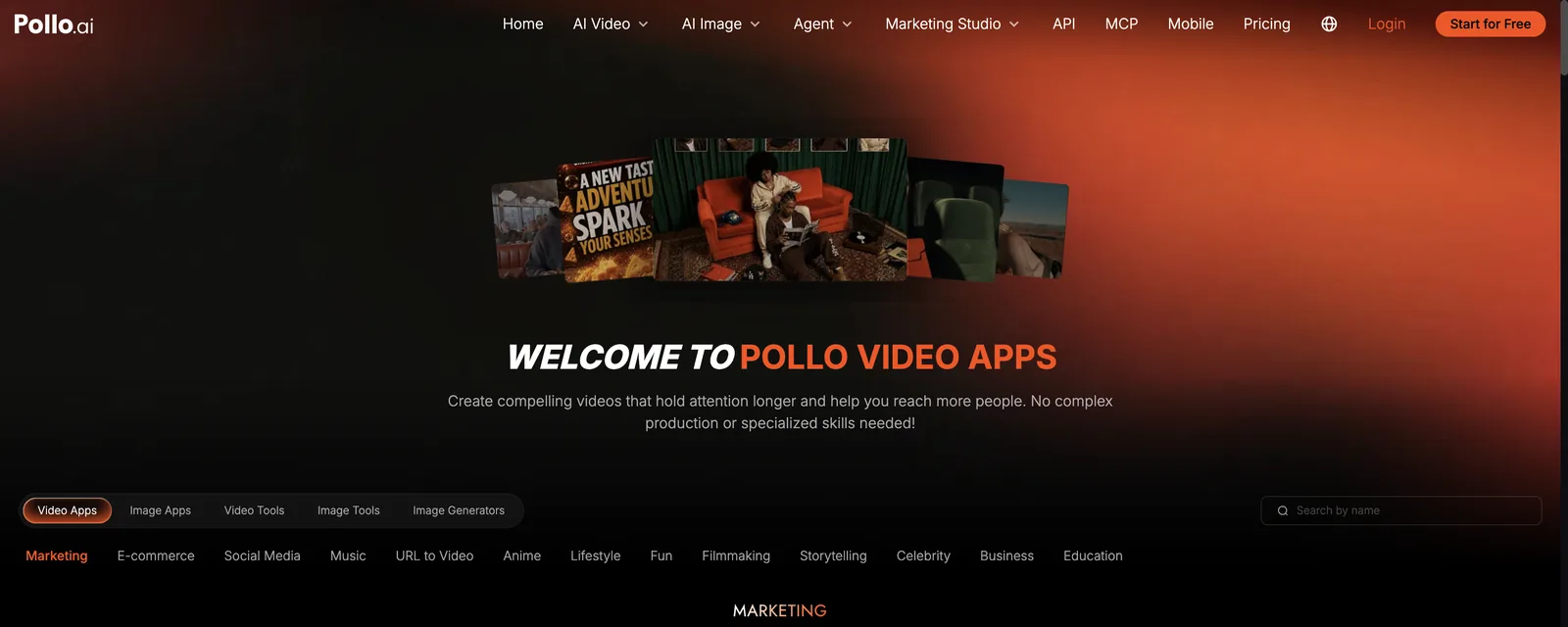 Seite „Pollo Video Apps“ mit App-Kategorien wie Marketing, E-Commerce, Social Media und Anime