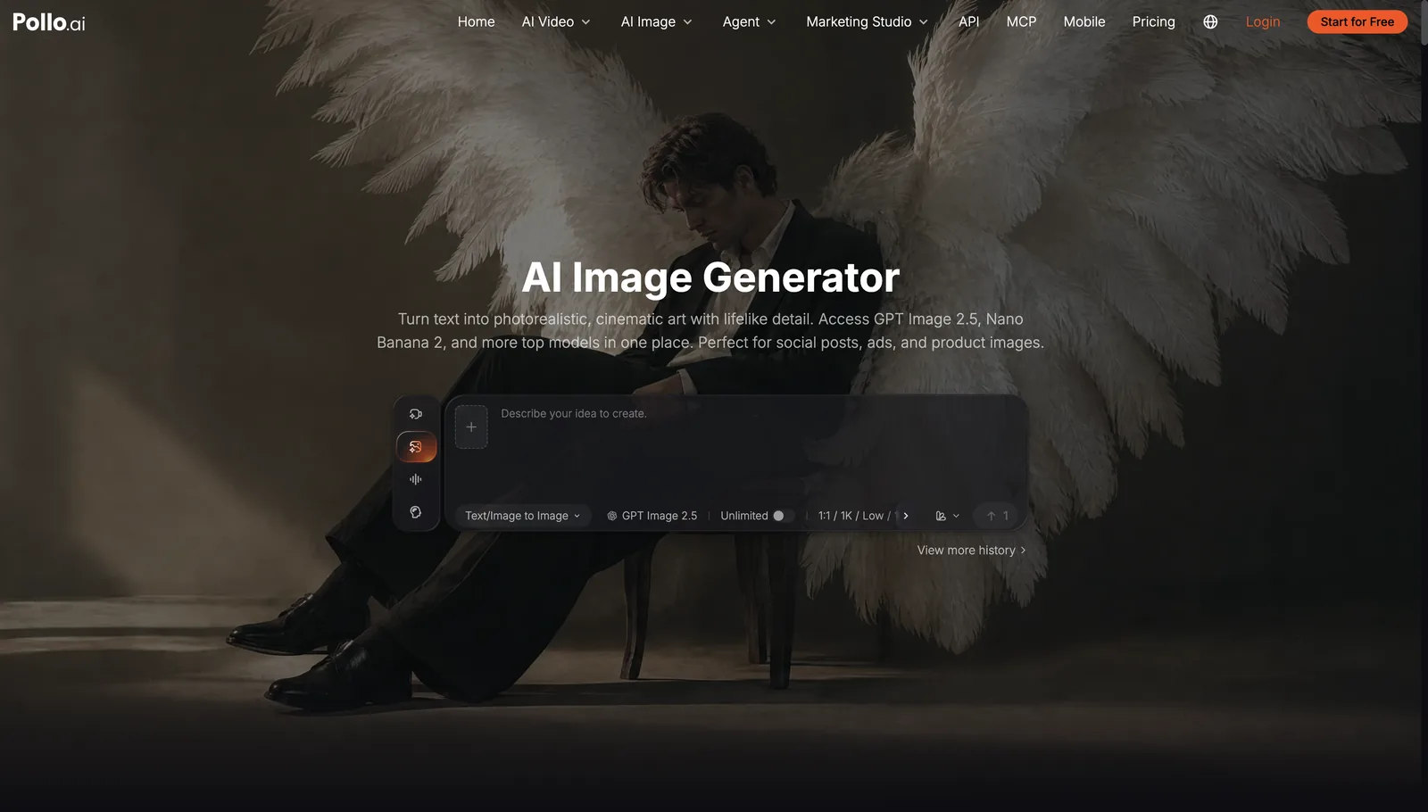 Bildgenerator von Pollo AI mit GPT Image 2.5 als ausgewähltem Modell im Eingabefeld