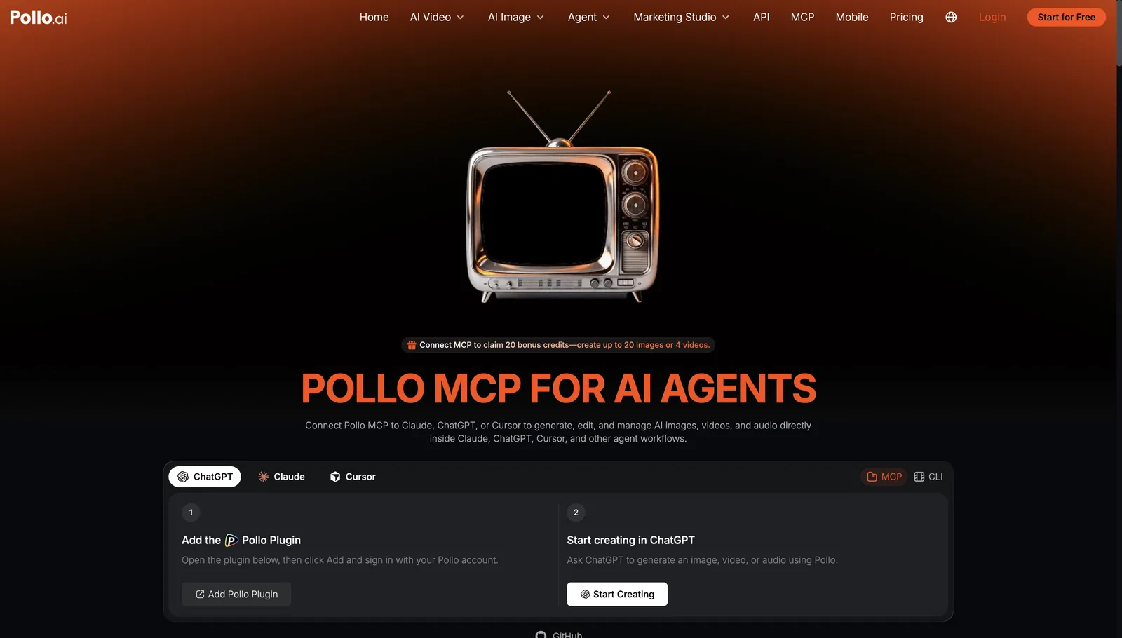 Pollo-MCP-Seite mit Einrichtungsschritten für ChatGPT, Claude und Cursor