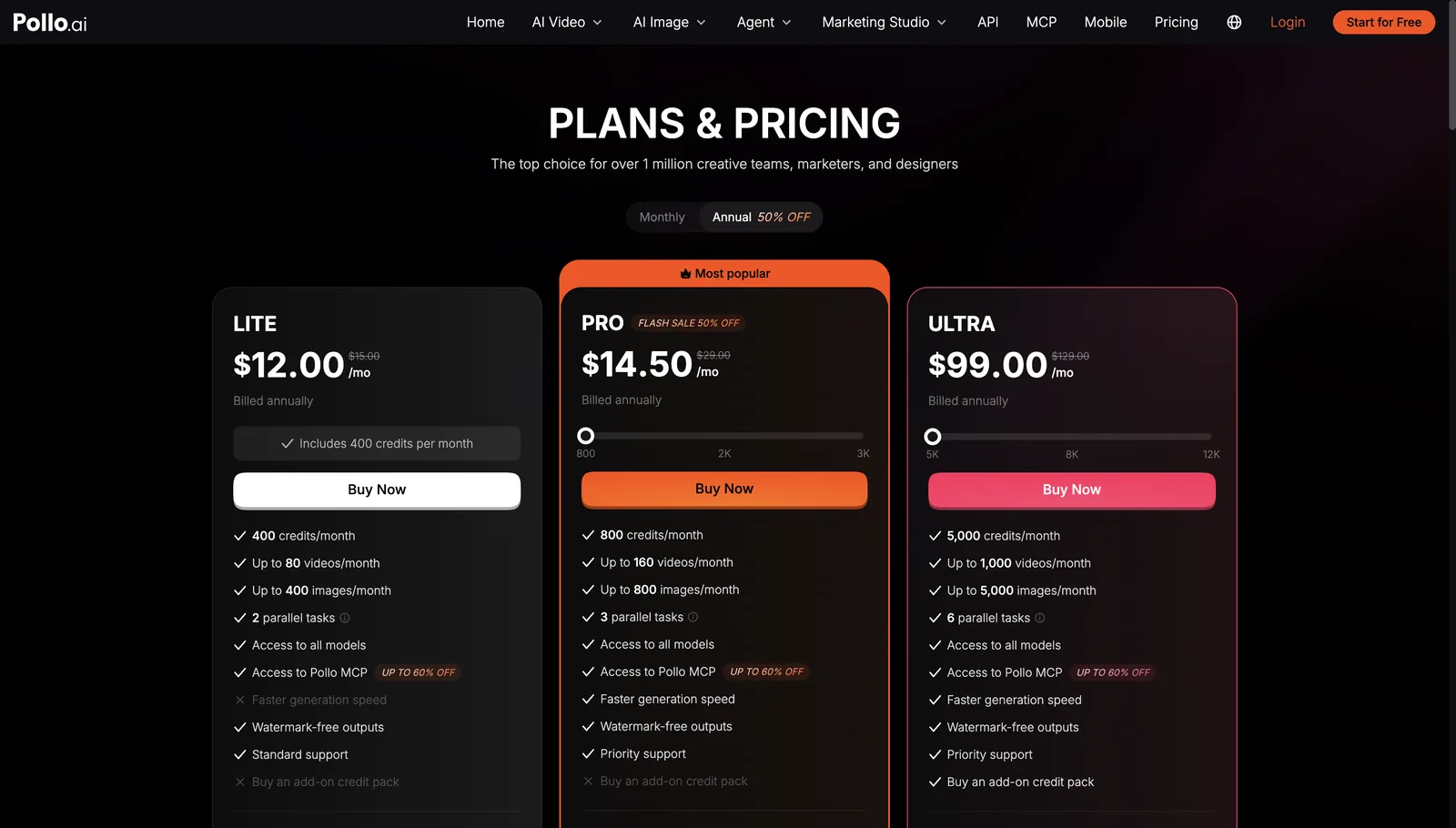 Preisseite von Pollo AI bei jährlicher Abrechnung: Lite $12, Pro $14.50 im Flash Sale, Ultra $99 pro Monat