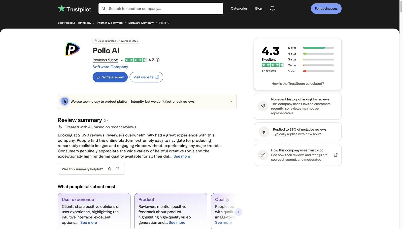 Pollo AI auf Trustpilot: TrustScore 4,3 aus 5.568 Bewertungen, Profil beansprucht, in letzter Zeit keine Einladungen zu Bewertungen