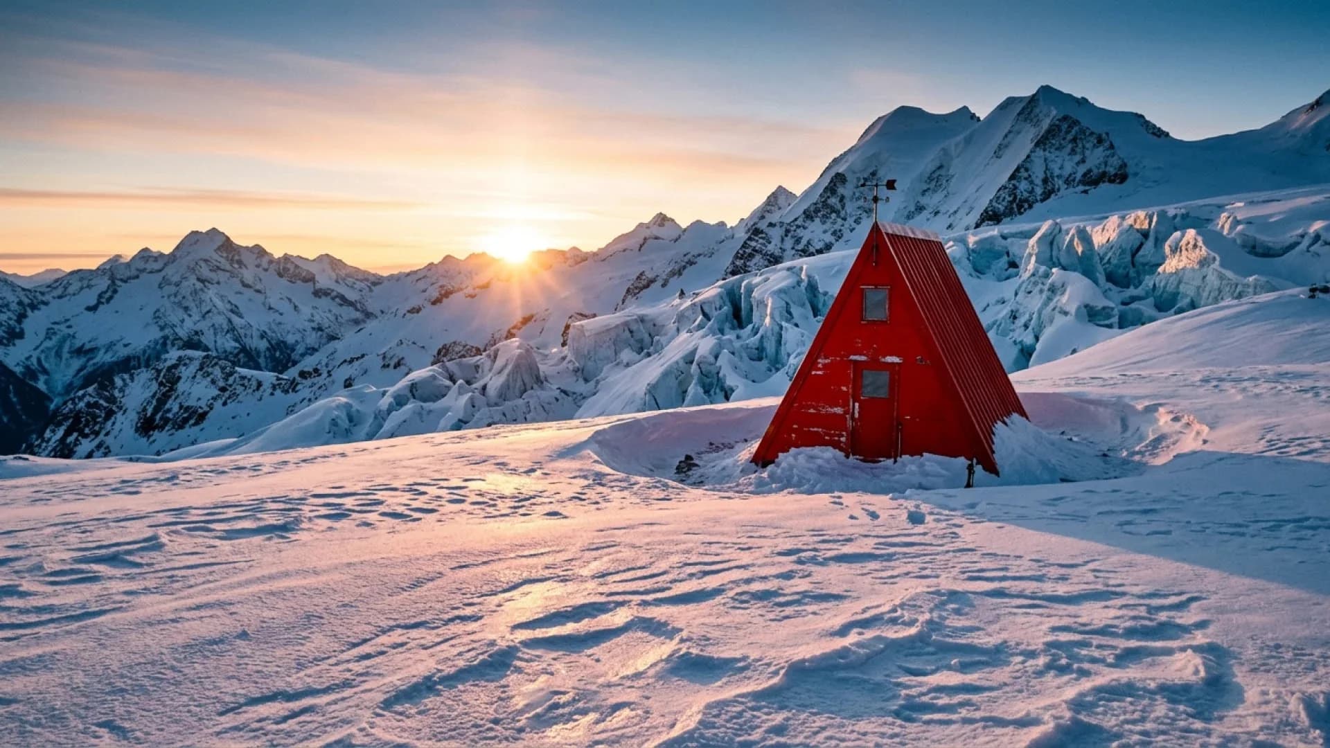 Google official Nano Banana 2.1 example: red A-frame shelter on a snowy alpine plateau at sunrise