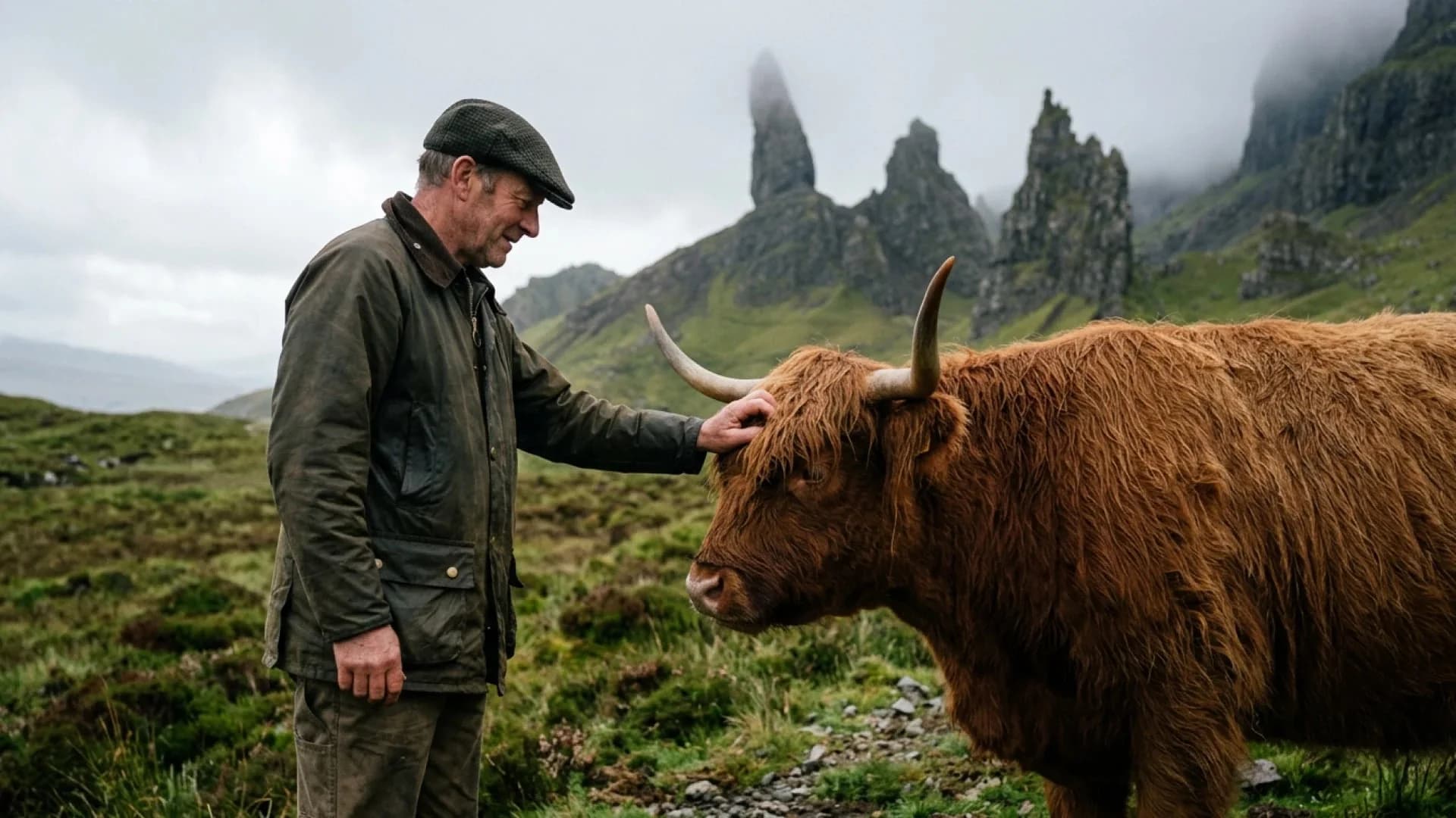 Google official Nano Banana 2.1 example: man in a flat cap petting a Highland cow in misty Scottish hills