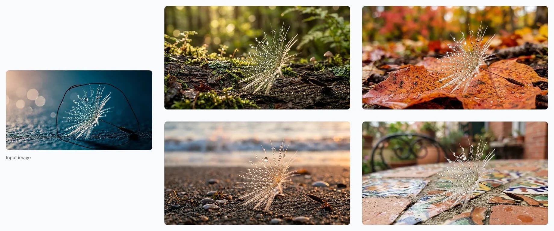 Google official Nano Banana 2.1 example: masked dandelion seed placed into four new scenes from one input image