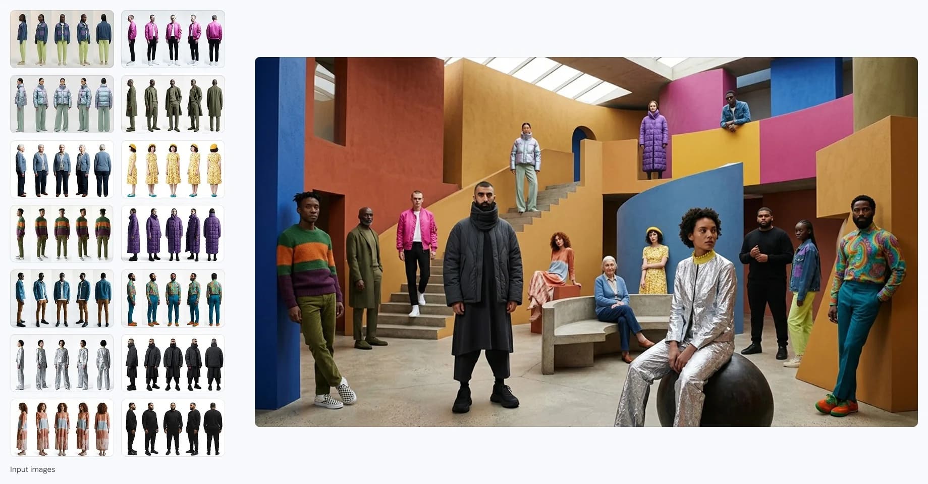 Google official Nano Banana 2.1 example: editorial group shot built from a grid of outfit reference images