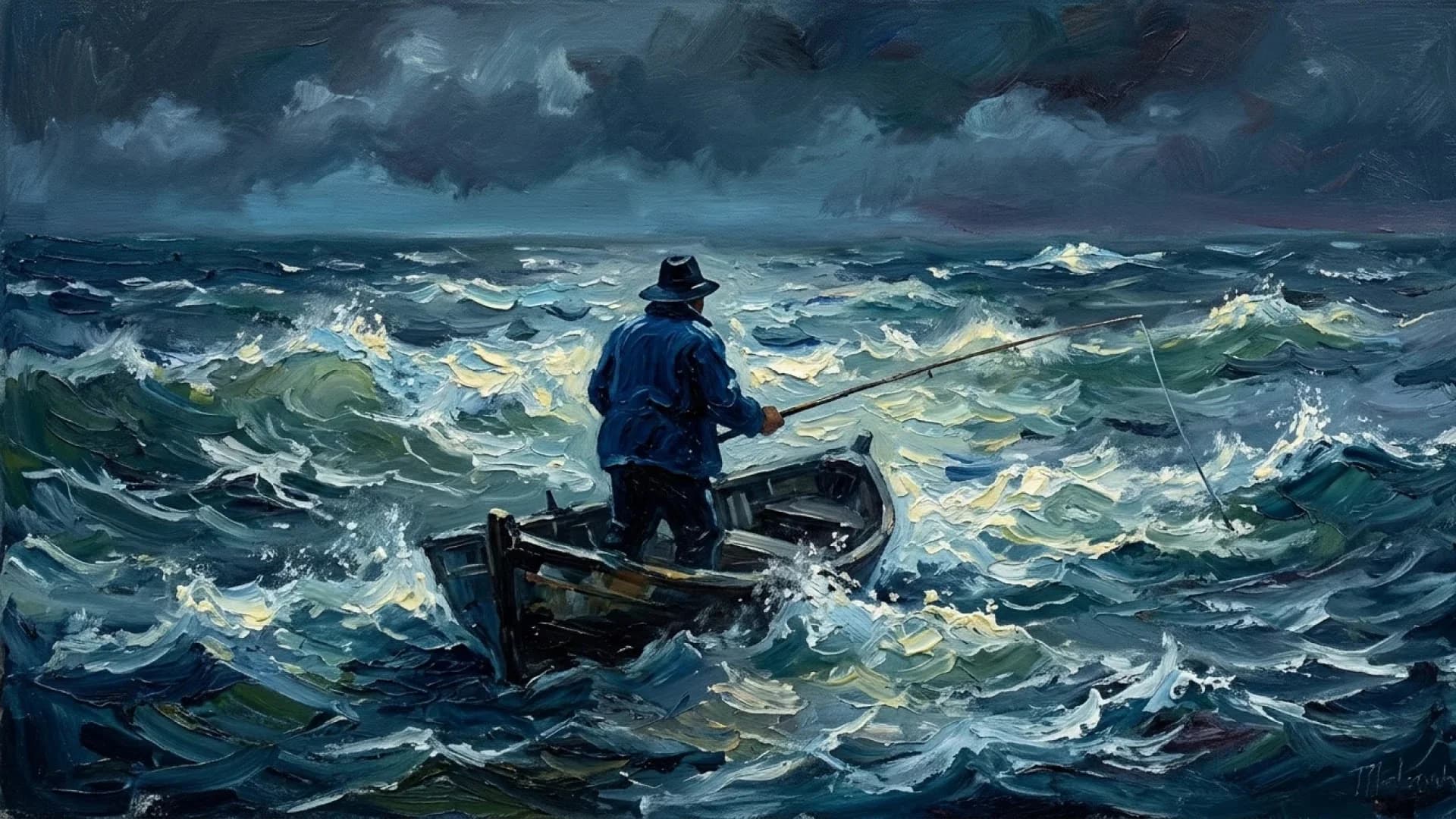 Google official Nano Banana 2.1 example: impressionist oil painting of a fisherman in a stormy sea