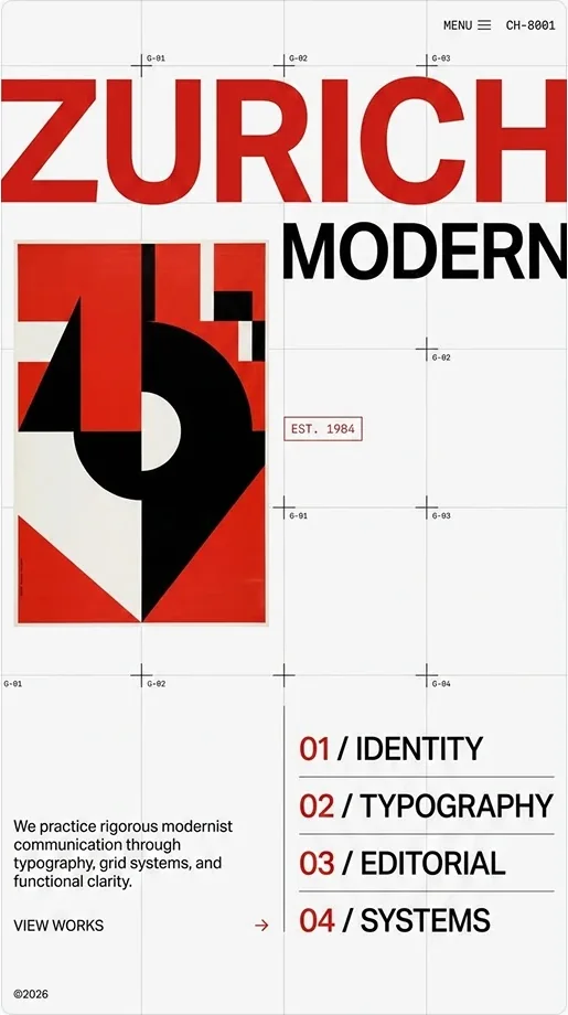 Google official Nano Banana 2.1 example: ZURICH MODERN Swiss-grid studio identity page