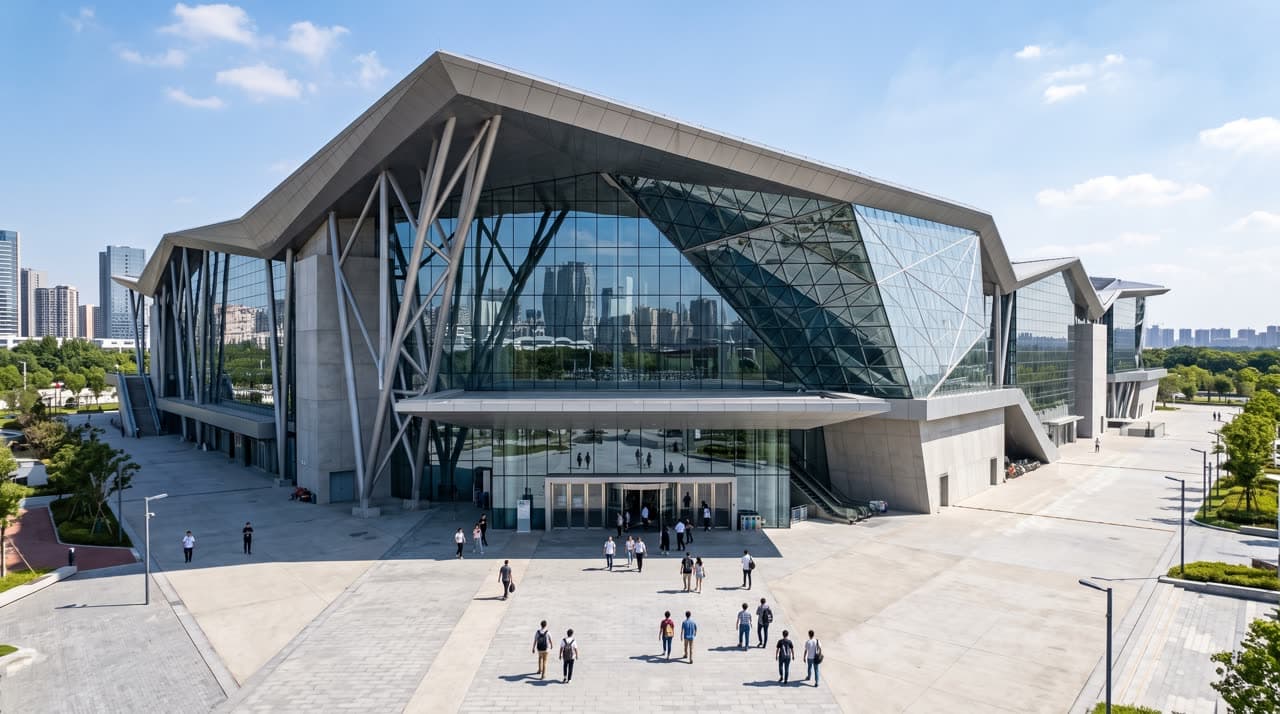First frame: wide daytime view of a glass and steel exhibition centre with visitors walking toward the entrance