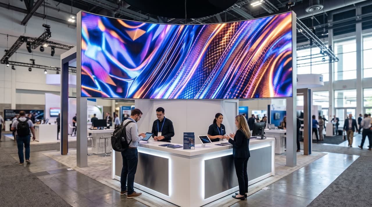 Last frame: a white exhibition stand under a curved LED screen, staff and visitors at the counter