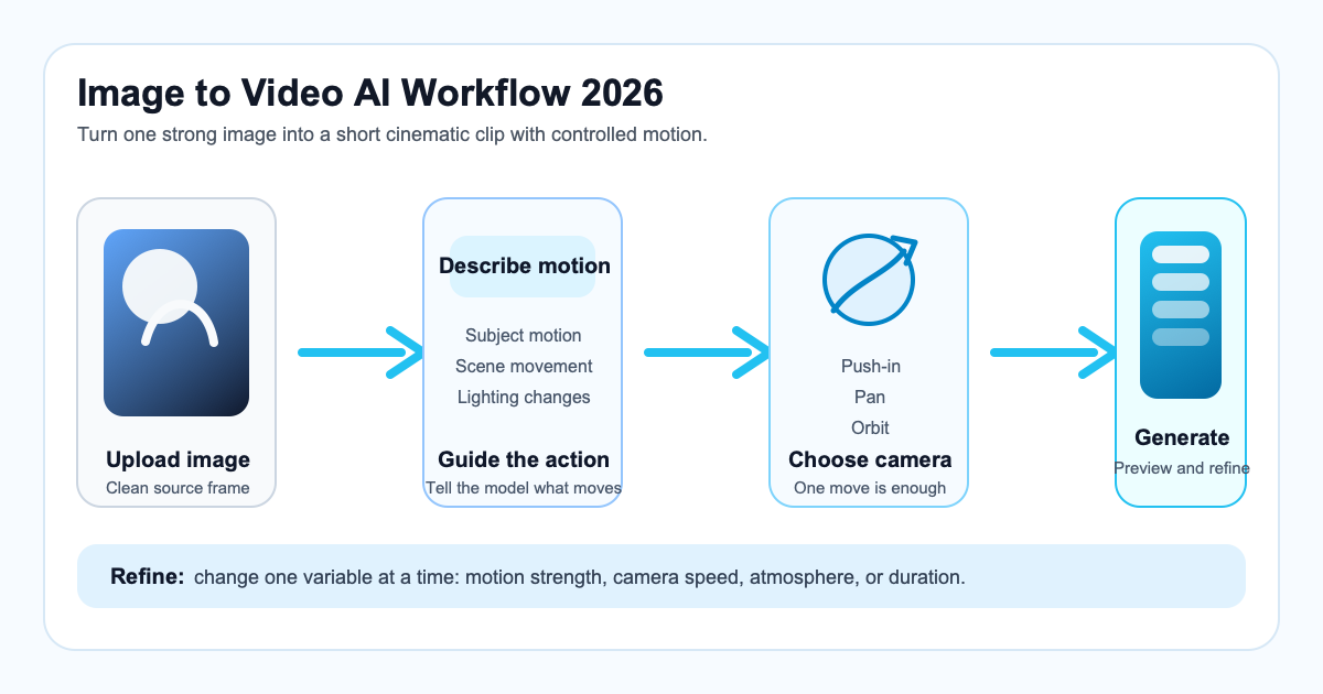 Image to video AI workflow showing a photo becoming cinematic video frames.
