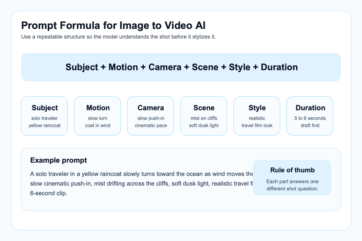 Prompt formula card for image to video AI generation.