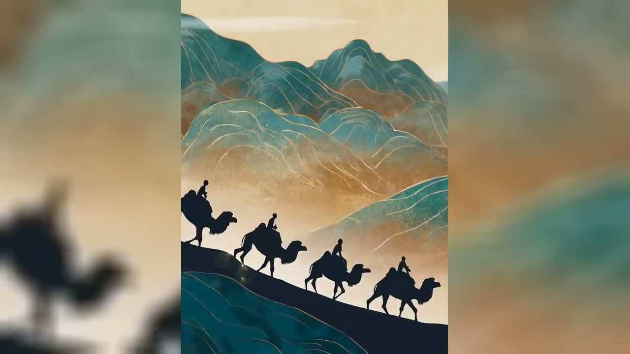 Seedance 2.5 音乐动画海报：骆驼骑手穿行于风格化的蓝色山峦。